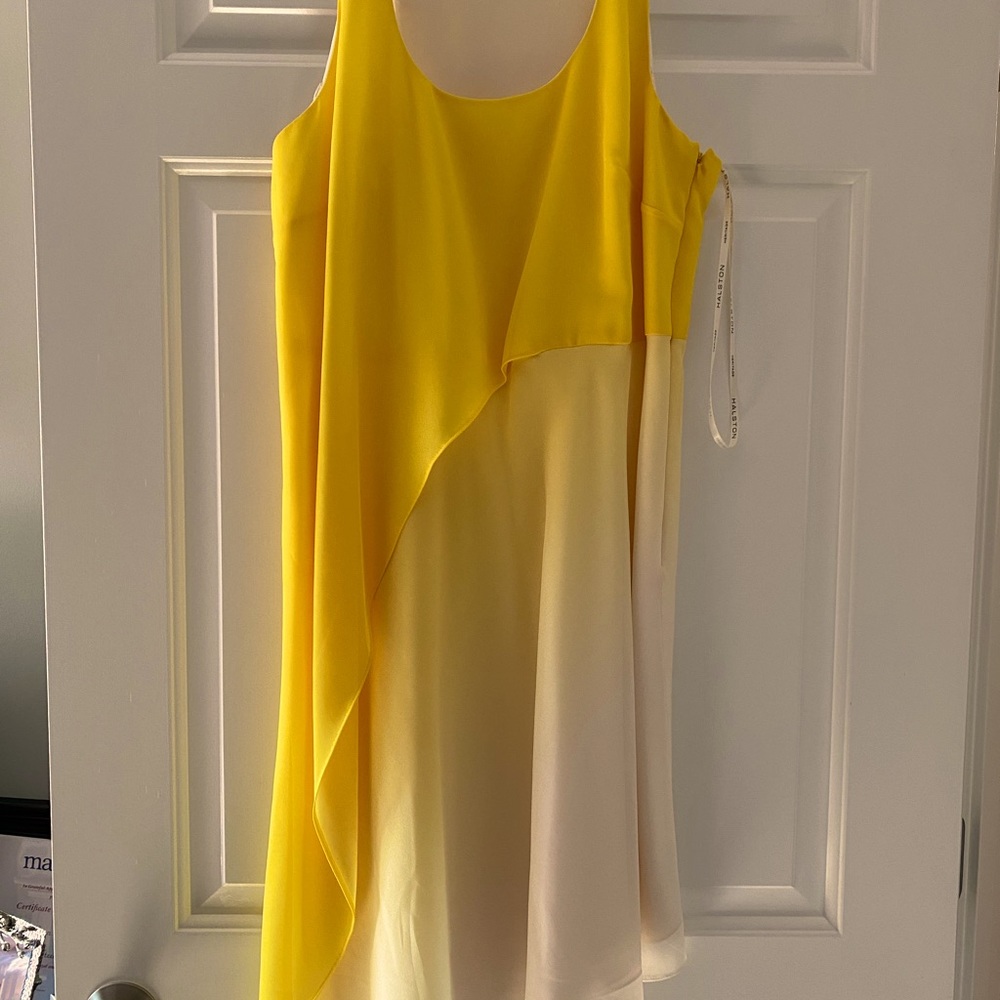 Halston Heritage Yellow and Cream Asymmetrical Sleeveless Dress